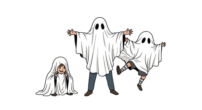 Three cartoon ghosts wearing white sheets with holes for eyes, two jumping and one sitting on a plain white background.