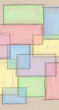 Rectangular shapes colored with light pastel chalk are layered and overlapped on a plain beige surface.