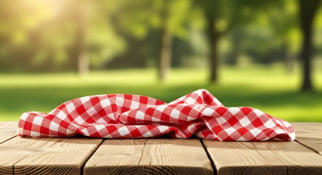 Red and white checkered cloth on a wooden table outdoors