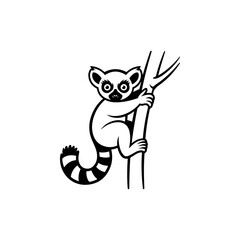 Obraz premium A black and white vector illustration of a cute lemur climbing a branch. This clean, minimalist cartoon animal silhouette is ideal for nature icons and mascot logos.