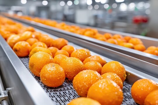 Freshly harvested oranges being processed on a conveyor belt in a modern factory, showcasing the efficiency and cleanliness of the food industry, ready for packaging.