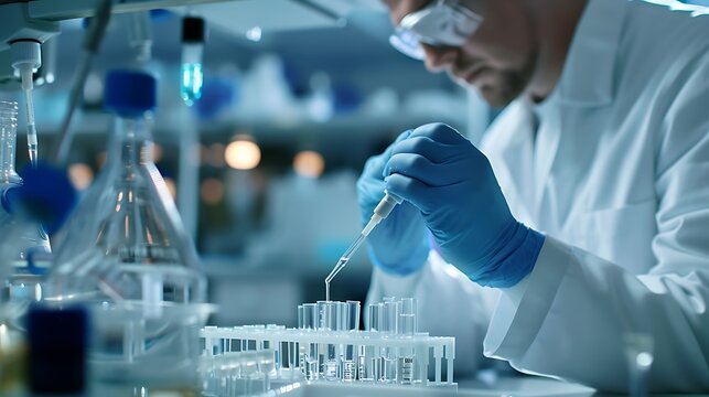Scientist conducting research with pipette and test tubes in laboratory