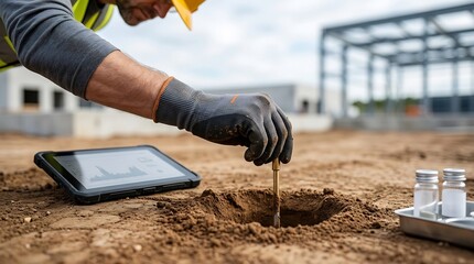 Construction worker using digital tablet and soil test kit at building site on a sunny day