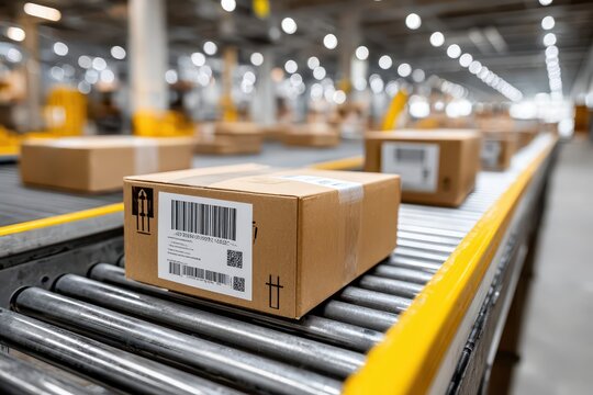 Packages moving on conveyor belt in distribution warehouse, showcasing supply chain efficiency, automated sorting systems, and the logistic operations involved in product shipping.