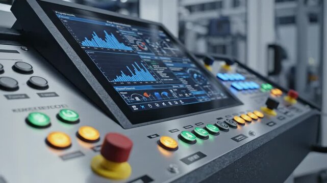 Video of Industrial Control Panel &ndash; Button light animation, production dashboard showcasing factory automation interface, smart manufacturing technology and operational monitoring concept for