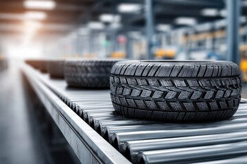 New car tires moving on a conveyor belt inside a modern tire manufacturing plant, ready for installation and vehicle performance enhancement.