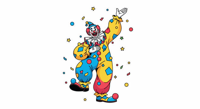 A colorful clown throwing confetti in the air with a joyful expression on a white background.