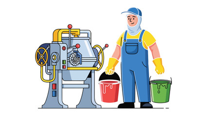The Technician and the Mixer: A focused technician stands beside industrial machinery, holding paint buckets, ready to start a mixing process, symbolizing industry and production. © hafs121