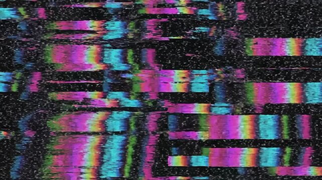 Video featuring abstract digital glitch pattern with static noise and fragmented color bands, data corruption concept, streaming error, cybersecurity alert and edgy creative background for marketing