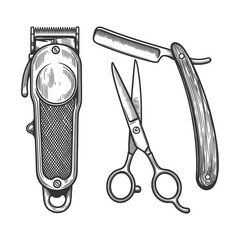 classic barber tools including hair clipper, straight razor, and scissors, grooming, haircutting, and barbershop tradition sketch engraving generative ai vector illustration. Black and white image.