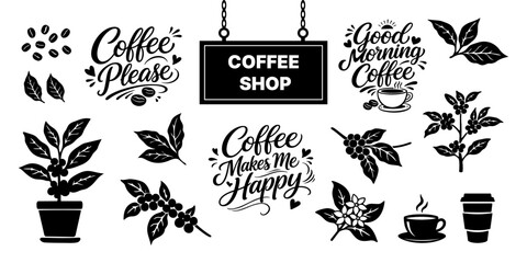 Collection of coffee elements including shop sign, beverage cup, plant, bean, and typography quote. Graphical icons for caffeine cafe menu design and restaurant marketing advertisement. © Helena