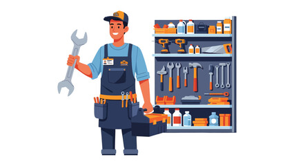 Expert Mechanic and Workshop: An expert mechanic stands confidently with a wrench, tools, ready to fix the machines. He embodies reliability and service. © Mahbuba