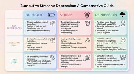 Comparison infographic contrasts burnout stress depression. Burnout, stress, depression guide covers differences, symptoms, first steps for mental health education, workplace wellness, therapy support