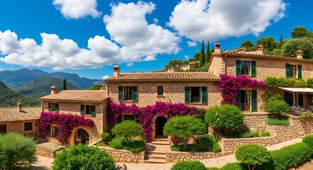 Fototapeta premium Stone villa with blooming bougainvillea, green shutters, nestled amidst rolling hills