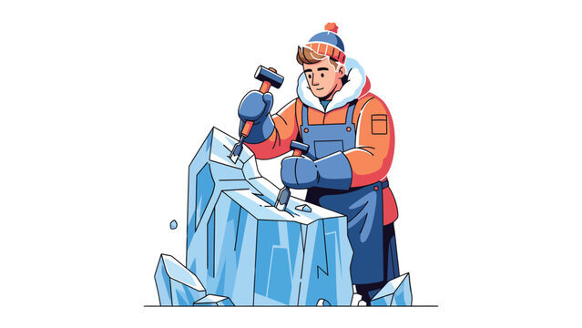 Ice Sculptor's Precision: A skilled artisan, enveloped in warm attire, meticulously shapes a crystal-clear block of ice using a hammer and chisel.