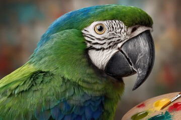Fototapeta premium An artistic portrait of a vibrant macaw parrot featuring its colorful plumage, and a painter's palette, showcasing the beauty of nature and the art world together.