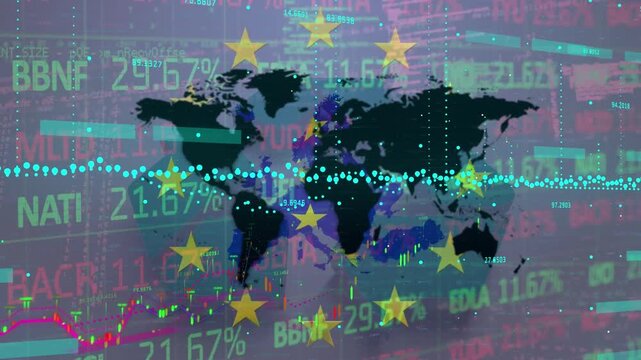 Animation of data processing and world map over flag of eu and stock market
