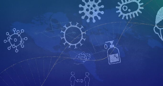 Animation of covid-19 protection icons with dna on blue digital interface