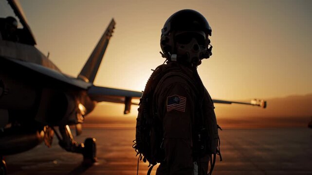 Silhouette of a pilot standing near fighter jets during sunset on an airbase runway.