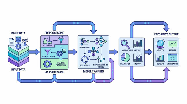 Machine learning data pipeline workflow diagram showing data input, preprocessing, model training, validation, and predictive output.