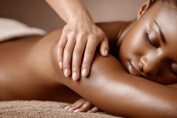 Fototapeta premium A beautiful African American woman receives a relaxing back massage in a spa, promoting wellness and stress reduction, focus on her radiant skin and serene expression.