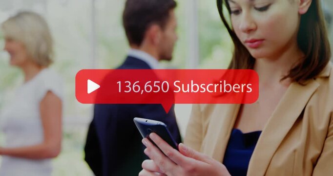 Animation of social media subscribers notification over smiling caucasian woman using smartphone