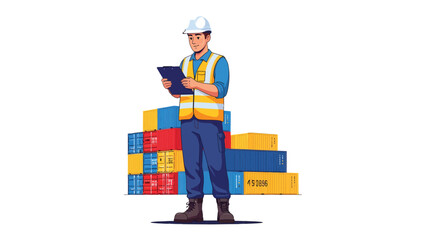 Logistics Inspector at Work: A diligent logistics inspector stands proudly, meticulously reviewing documents, surrounded by stacks of vibrant cargo containers. © Mohiuddin123