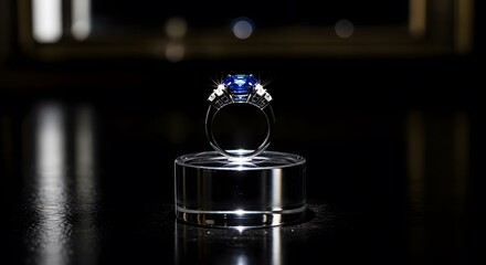 Naklejka premium Exquisite sapphire and diamond trilogy ring on a transparent acrylic pedestal with dramatic professional lighting.