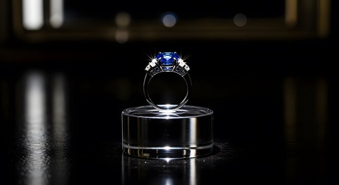 Exquisite sapphire and diamond trilogy ring on a transparent acrylic pedestal with dramatic professional lighting.