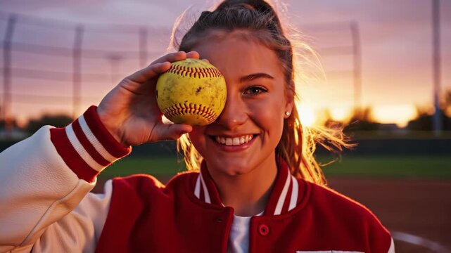 Young woman softball player holding yellow ball over eye at baseball field. Caucasian athlete in varsity jacket smiling during golden hour sunset sports session.