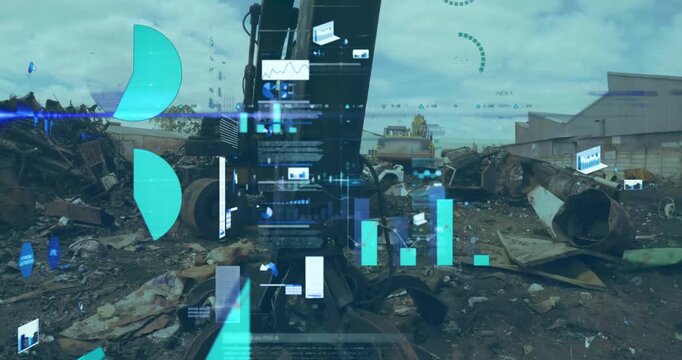 Animation of infographic interface over low angle view of scrap shearing machine in scrap yard