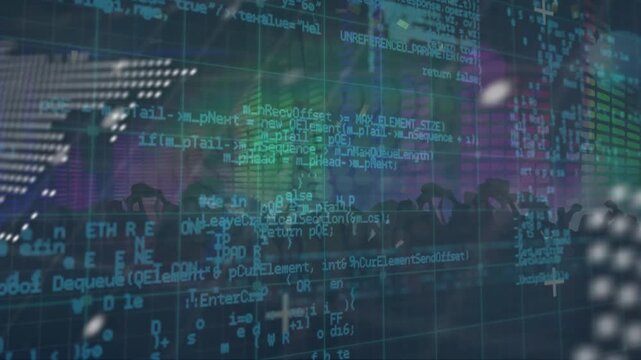 Animation of data processing over world map against silhouette of people dancing