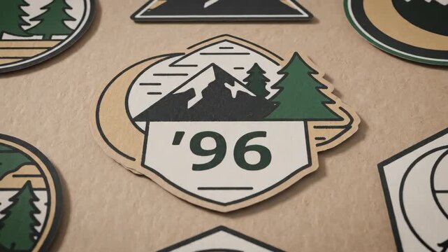 Camping Banner Badges \'96 minimal line outdoor adventure emblems designed as clean vector-style compositions on a neutral background, thin monoline illustrations of pine trees, mountains, tents,