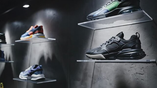 Video of modern sneaker arrangement on minimal retail wall with dramatic lighting design, fashion product staging concept for ecommerce and advertising use.