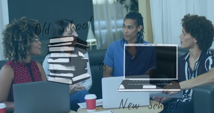 Animation of books and laptop with data processing over business people working in office