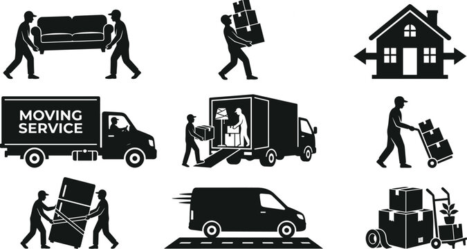 Professional Home Moving and Relocation Icon Set Featuring Movers Carrying Furniture Loading Delivery Trucks Packing Boxes and Logistics Silhouettes