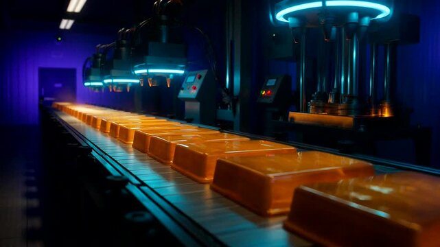 Molten metal processing with automation and sparks in a high-tech industrial environment.