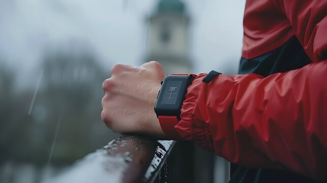 Runner checking smartwatch during rainy weather, fitness tracking