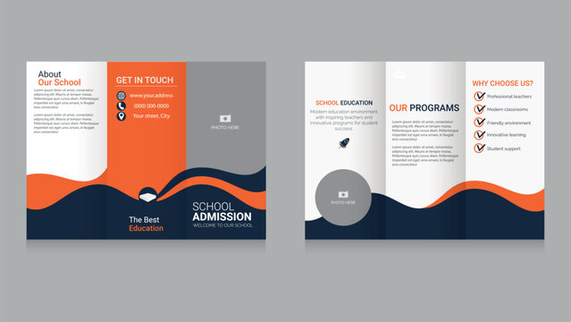 Modern School Admission Trifold Brochure Template with Orange Wave Design. Fully scalable vector suitable for print and digital use.