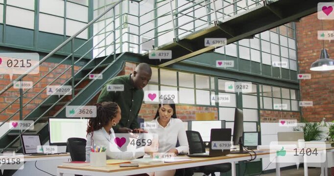 Animation of changing numbers, icons in notification bars, diverse coworkers sharing ideas in office