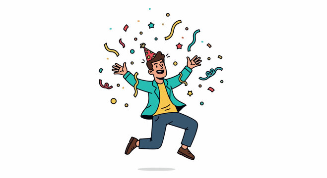 A cartoon man jumping with arms outstretched, wearing a party hat and surrounded by colorful confetti on a white background with a playful and celebratory mood.