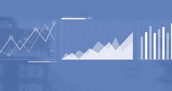 Animation of interface screens with charts processing data moving on blue background