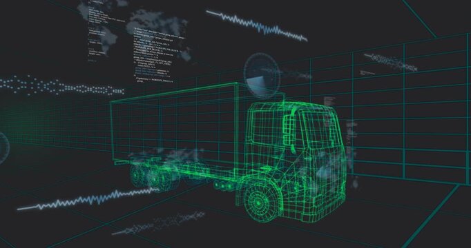 Waveforms materializing beside neon-green wireframe truck on grid, visualizing freight flow