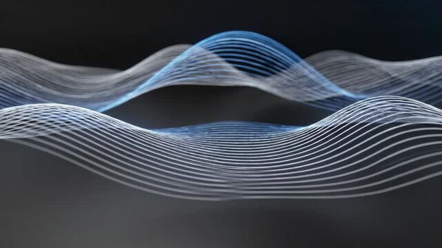 Video of elegant thin line waves moving in minimalist composition, abstract motion graphic concept, futuristic interface background, creative industry branding scene, delicate luminous strokes