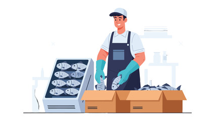 Fish Processing Illustration: A skilled worker processes fresh fish in a clean, organized setting, showcasing the care and precision of the industry. © Mohiuddin123