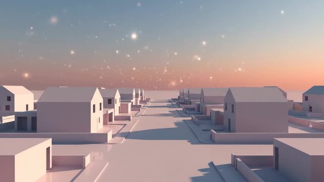 Conceptual quiet residential area interpretation featuring simplified geometric house silhouettes arranged symmetrically along a minimal street plane, soft gradient sky transitioning from pale blue to