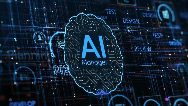AI assistant for Agile project management, AI automation workflow, project life cycle, conceptual animation (3d render)