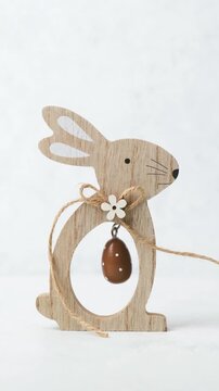Wooden Easter bunny decoration with speckled egg on white background