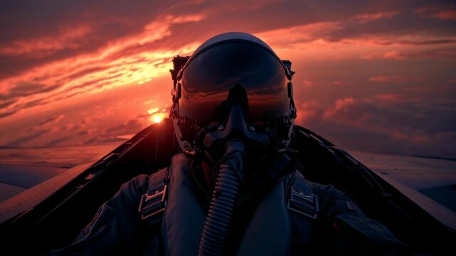 Pilot wearing oxygen mask inside cockpit during dramatic sunset flight.