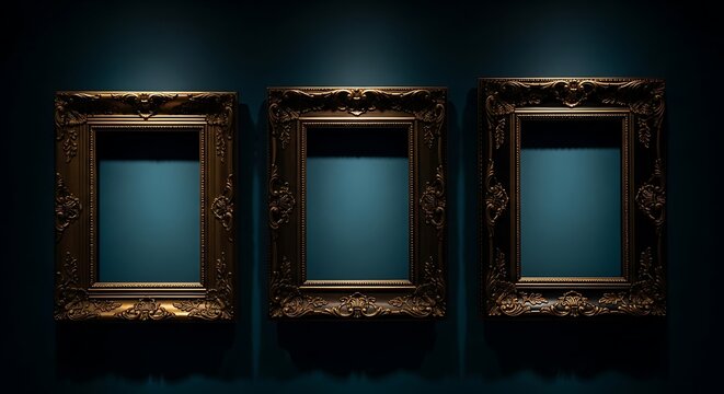 Three ornate, empty picture frames hang on a deep teal wall, lit from above